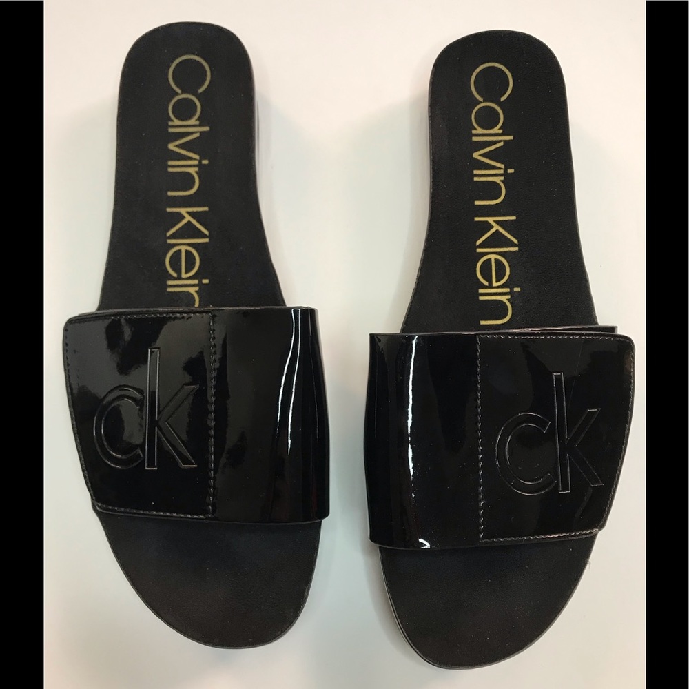 Calvin Klein patent leather slide sandals